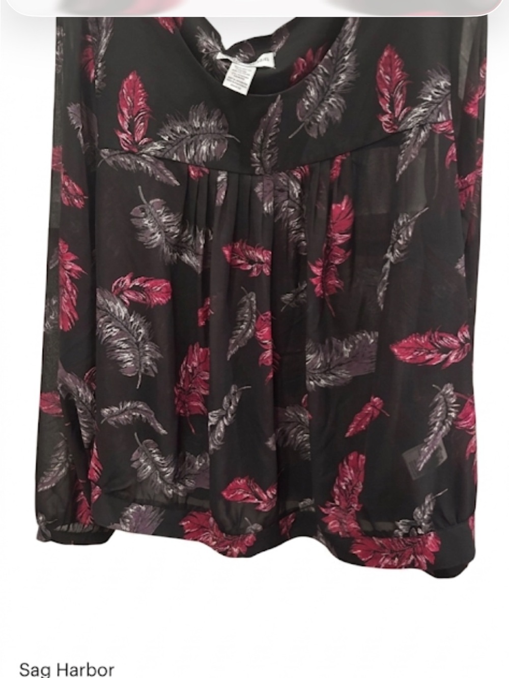 Sag Harbor Black Sheer Blouse with Pink & Gray Feather Print